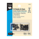 Dritz 14 Hooks & Eyes set in black steel, size 0, packaged in a clear plastic case with a beige and blue cardboard backing. Includes straight and round eyes for sewing projects.