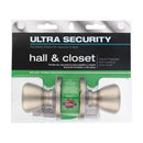 A satin nickel finish door knob set for interior passage doors, packaged for retail sale in a plastic blister pack. The packaging features the "Ultra Security" brand name and indicates it's a non-locking type for halls and closets.