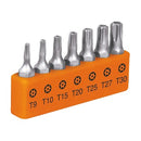 Set of seven Truper 1-inch Torx insert bits arranged on a white background.