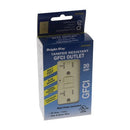 A close-up of a duplex electrical outlet in an off-white or ivory color. The front has two vertically stacked, three-hole sockets. The metal mounting plate and screw terminals for wiring are visible on the sides.