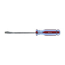 GreatNeck slotted screwdriver has a 5/16 inch wide tip and a 6-inch long square shank made of silver-toned metal. The handle is clear plastic with red accents, ergonomically shaped for a comfortable grip.