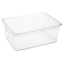 Small clear plastic storage bin with lid and open handles, shown on a white background.