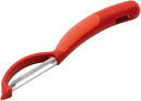 The Original Swiss Peeler by Kuhn Rikon, shown in red, with a durable carbon steel blade for easy vegetable and fruit peeling.