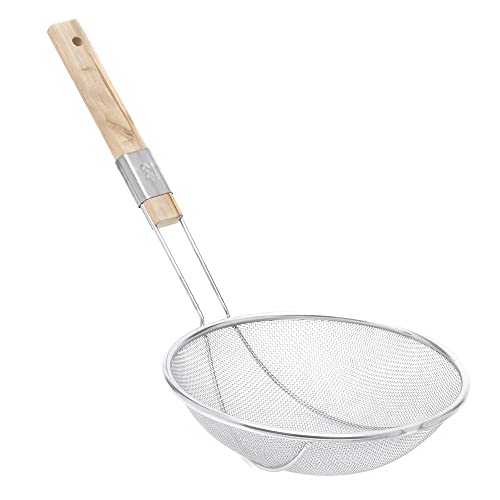 Home Basics Stainless Steel Skimmer with Long Wooden Handle | Hanging Hole on Handle