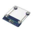 Blue digital kitchen scale with glass platform, touchless tare, and LCD display