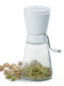 HIC Kitchen Manual Nut Chopper - White Top, Silver Crank, and Glass Base Grinding Pistachios