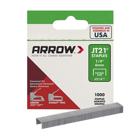 Box of Arrow JT21 1/4-inch thin wire staples, 1000-pack in grey, shown on a white background.