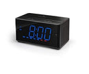 Black Memorex InteliSet Bluetooth-enabled alarm clock radio featuring a large blue digital time display, buttons on top, and speaker grills on the sides.
