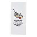 A white waffle weave hand towel featuring an embroidered whisk, mixing bowl, and a recipe card, with the humorous black text: 'My cooking is so fabulous even the smoke alarm cheers me on!'.