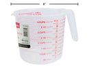 Luciano 4-cup measuring cup with handle, made of clear plastic with red measurement markings in cups and ounces. Holds up to 32 oz (4 cups) and measures approximately 8 inches in width.
