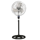 This is a pedestal fan with a black stand and base, and a silver or metallic gray fan head. The fan head features three light-colored (likely white or light gray) blades enclosed within a circular safety grill. There's a control panel visible on the neck of the fan.