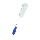 A white Superio baby bottle brush with a blue ergonomic handle, featuring a long main brush for bottles and a smaller, round brush at the top for nipples.