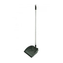 A gray and silver folding dustpan with a long, 37-inch stainless steel handle and a hanging loop at the top for storage.