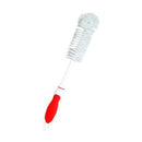 White bottle brush designed for reaching the bottom of tall containers, featuring a comfortable red grip.