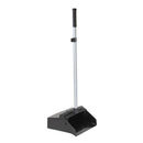 Black 12 inch lobby dustpan with silver long handle for easy upright cleaning