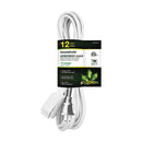 GoGreen 12-foot household extension cord in white. The packaging highlights key features, including 16-gauge wire, three outlets, and a maximum capacity of 13 amps at 125 volts (1625 watts). The eco-friendly branding includes green leaf imagery and bilingual text in English, Spanish, and French.