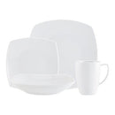 Godinger 16-piece white ceramic dinnerware set with plates, bowls, and mugs on a white background.