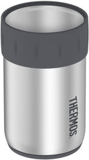 A short, silver stainless steel beverage insulator (coozie) with a removable gray rubber collar/gasket at the top. The Thermos logo is vertical on the side.