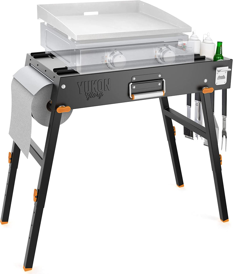 Yukon Glory Universal Portable Grill Table / Flat Top Grill Griddles Stand with Built in Grill Caddy - Designed to Fit Tabletop Blackstone Griddle & Many Others - Outdoor Cooking Camping & Tailgating