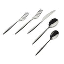 Modern 5-piece stainless steel flatware set: dinner forks, knife, and spoons. Sleek, polished cutlery ideal for contemporary dining.