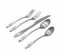 Silver flatware set including dinner fork, salad fork, knife, soup spoon, and dessert spoon, laid out on white.