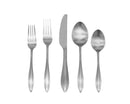 Silver flatware set including dinner fork, salad fork, knife, soup spoon, and dessert spoon, laid out on white.