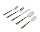 Silver flatware set with hammered texture: dinner fork, salad fork, knife, soup spoon, dessert spoon, laid out on white.
