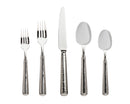 Silver flatware set with hammered texture: dinner fork, salad fork, knife, soup spoon, dessert spoon, laid out on white.