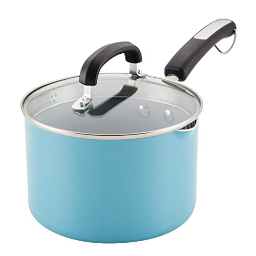 Farberware EcoAdvantage Ceramic Nonstick Straining Saucepan/Sauce Pan with Lid, 3 Quart, Aqua