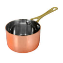 A 3.3-inch mini saucepan with a copper exterior, a silver steel interior, and a long brass-toned handle.