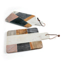 Two-piece marble and wood cutting board set with hanging twine loops, displayed on a white background.