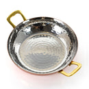 A 5.7 inch mini serving bowl with a copper exterior, a hammered silver interior, and two small gold-toned handles.