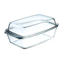 Clear glass loaf pan with a matching clear glass lid, ideal for baking bread, meatloaf, and storing food.