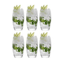 Set of six transparent drinking glasses with a modern, slightly curved design and a smooth, rounded shape.