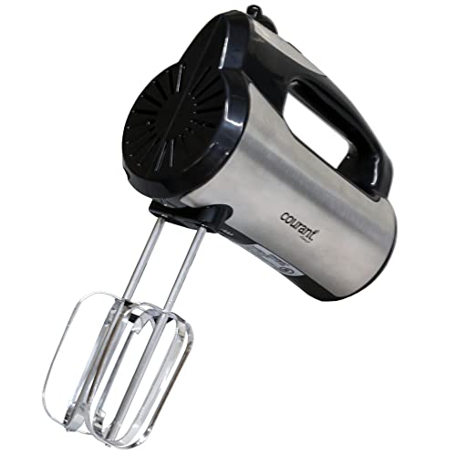 Courant 5-Speed Hand Mixer, Stainless Steel w/ Turbo Function, Neat Storage Stand, Includes Set of Beaters & Dough Hooks, (Silver)