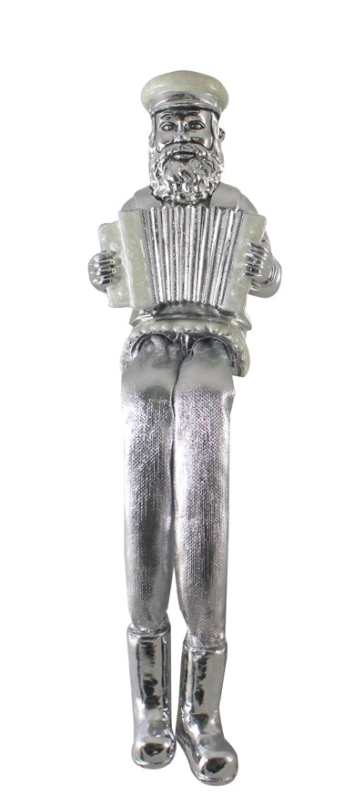 Silvered Polyresin & Beige Enamel Sitting Hassidic Figurine With Cloth Legs 19 Cm - Accordion Player