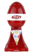 Red snow cone maker with a colorful paper cone.