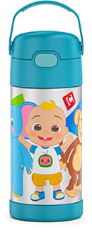 Cocomelon-themed THERMOS FUNtainer 12oz stainless steel kids straw bottle with a soft-touch carry handle, displayed on a white background.