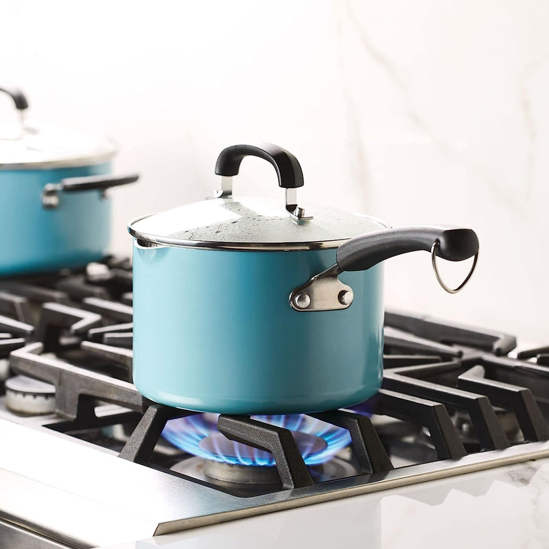 Farberware EcoAdvantage Ceramic Nonstick Straining Saucepan/Sauce Pan with Lid, 3 Quart, Aqua