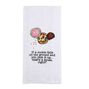 A white waffle weave hand towel featuring an embroidered image of three cookies and the text: "If a cookie falls on the ground and you pick it up... that's a squat, right?"
