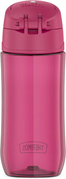 THERMOS FUNTAINER 16oz raspberry-colored plastic hydration bottle with flip-up spout and foldable carry handle on white background.