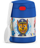 Paw Patrol themed 10oz Thermos FUNtainer insulated food jar with foldable spoon inside lid on a white background.