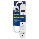 Satco 6 Outlet Surge Protector, white, with a 245 Joules rating, master on/off switch, and circuit breaker, shown in retail packaging.