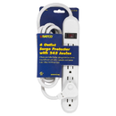 Satco 6 Outlet Surge Protector, white, with a 245 Joules rating, master on/off switch, and circuit breaker, shown in retail packaging.