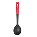 A long-handled stirring spoon with a black nylon head and a red ergonomic handle grip.