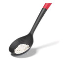 A long-handled stirring spoon with a black nylon head and a red ergonomic handle grip.
