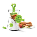 Starfrit brand manual meat grinder featuring a white base, clear hopper, green pusher and turning handle, and a grinding plate.
