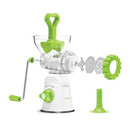 Starfrit brand manual meat grinder featuring a white base, clear hopper, green pusher and turning handle, and a grinding plate.