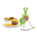 Starfrit brand manual meat grinder featuring a white base, clear hopper, green pusher and turning handle, and a grinding plate.