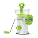 Starfrit brand manual meat grinder featuring a white base, clear hopper, green pusher and turning handle, and a grinding plate.